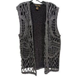 Lisa Originals Womens Cardigan Size Large Black Metallic Open Crochet Long Vest